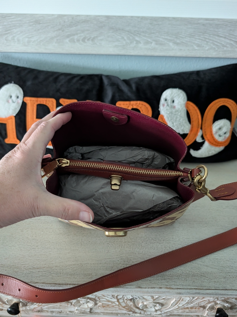 Coach Signature Canvas Crossbody in Burgundy and Tan Leather Trim